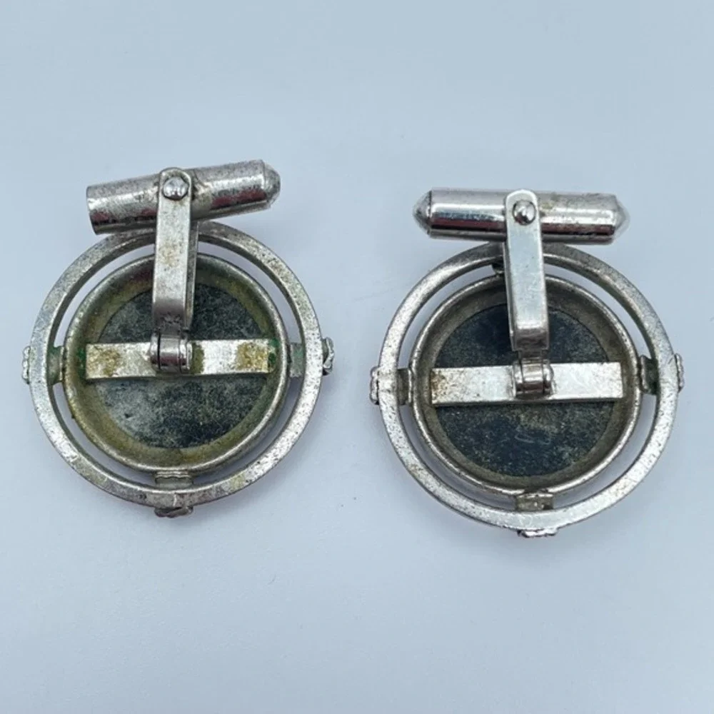 Vintage 80s Black Onyx Cufflinks Silver Tone Round Art Deco‎ Swivel Jewelry